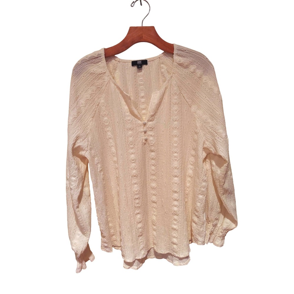 Frye‎ Womens XL Ivory Pointelle Knit Long Sleeve V-Neck Ruffle Cuff Blouse Top